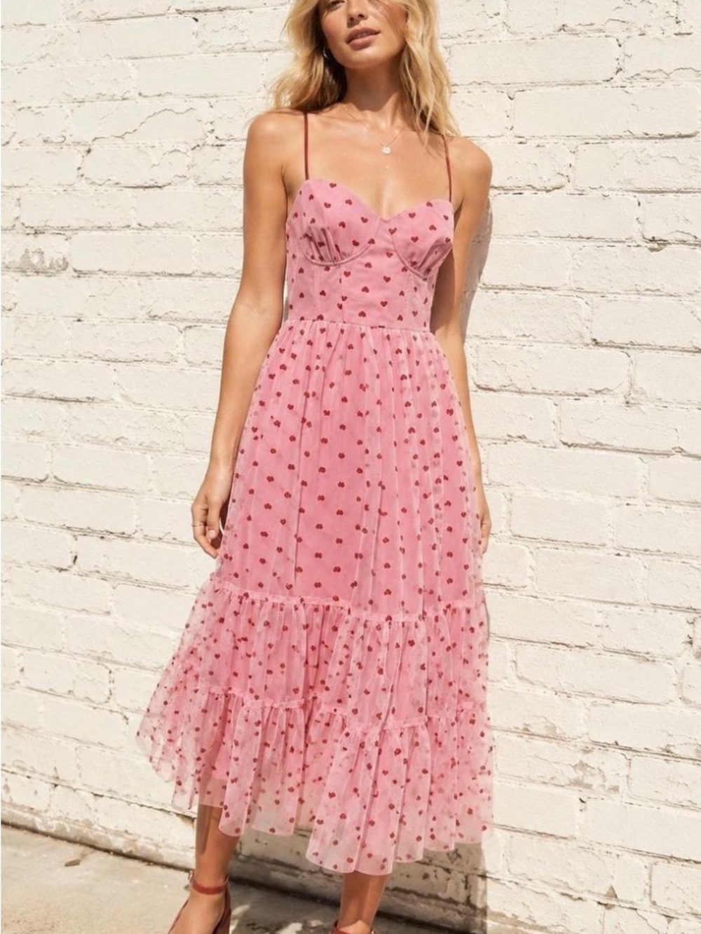 Betsey Johnson Pink Heart-Print Mesh Midi Dress Corset Style Top